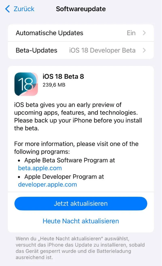 平遥苹果手机维修分享苹果 iOS / iPadOS 18 开发者预览版 Beta 8 发布 